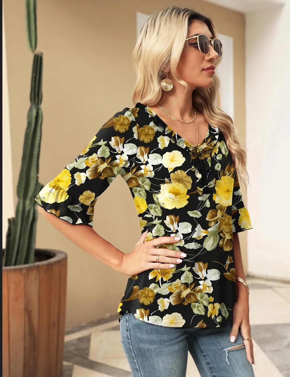 Ivicoer Women's Casual V Neck T Shirts Loose Summer Fall 3/4 Bell Sleeve Tops Ruffle Tunic Blouses