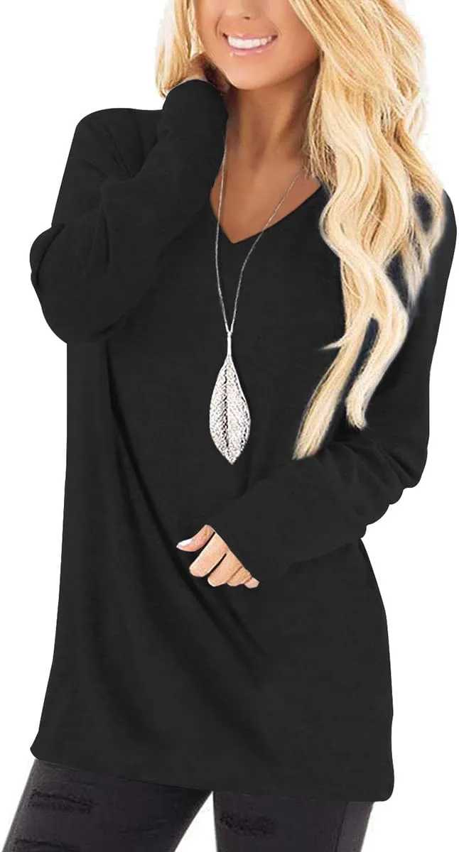 Jescakoo Tunic Tops to Wear with Leggings Long Sleeve V Neck T Shirts Casual Loose Fit