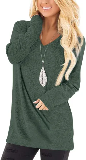 Jescakoo Tunic Tops to Wear with Leggings Long Sleeve V Neck T Shirts Casual Loose Fit