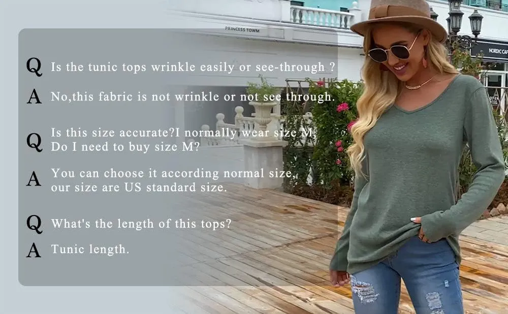 Jescakoo Tunic Tops to Wear with Leggings Long Sleeve V Neck T Shirts Casual Loose Fit