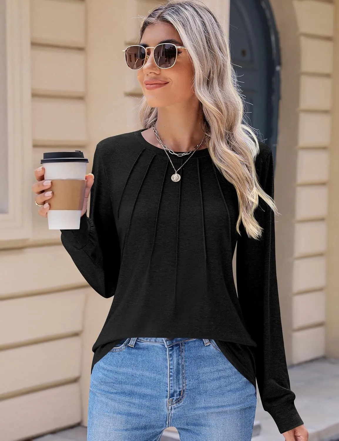 Kistore Womens Long Sleeve Tops Crew Neck Pleated Casual Dressy Blouses T Shirts Fall Clothes 2024