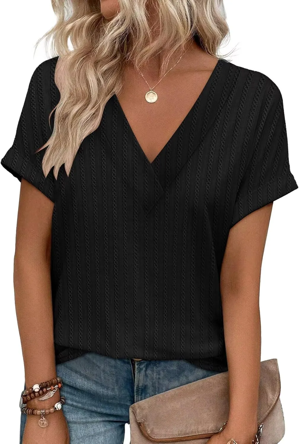 KKJ Womens Tops V Neck Textured Short Sleeve T Shirts Loose Fit Casual Cute Top 2025 Spring Summer Outfits Trendy Clothes