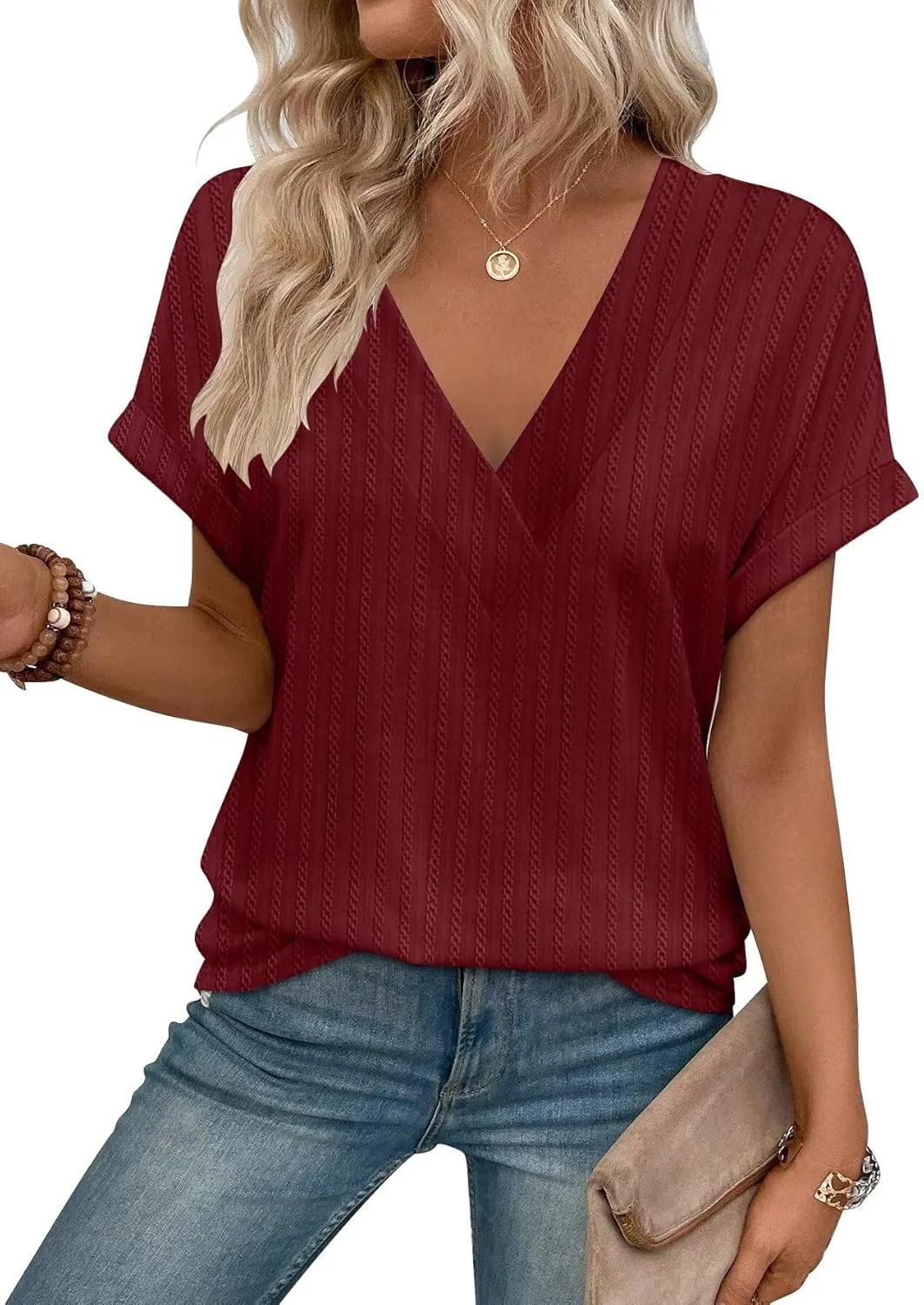 KKJ Womens Tops V Neck Textured Short Sleeve T Shirts Loose Fit Casual Cute Top 2025 Spring Summer Outfits Trendy Clothes