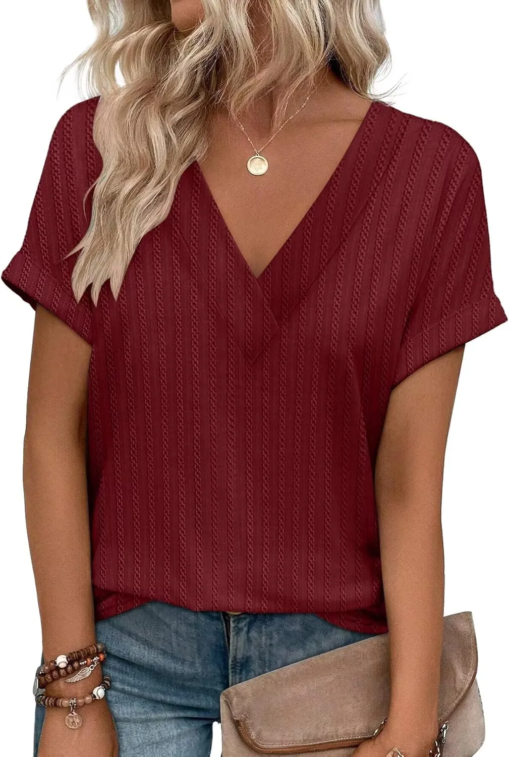 KKJ Womens Tops V Neck Textured Short Sleeve T Shirts Loose Fit Casual Cute Top 2025 Spring Summer Outfits Trendy Clothes