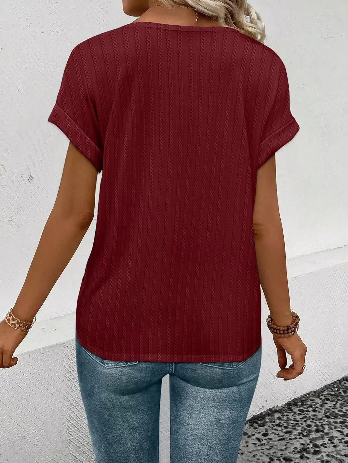 KKJ Womens Tops V Neck Textured Short Sleeve T Shirts Loose Fit Casual Cute Top 2025 Spring Summer Outfits Trendy Clothes