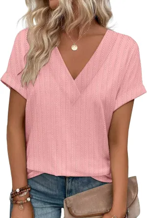 KKJ Womens Tops V Neck Textured Short Sleeve T Shirts Loose Fit Casual Cute Top 2025 Spring Summer Outfits Trendy Clothes