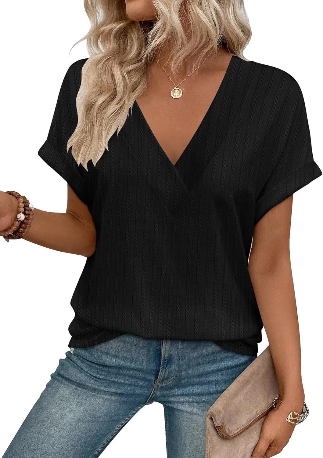 KKJ Womens Tops V Neck Textured Short Sleeve T Shirts Loose Fit Casual Cute Top 2025 Spring Summer Outfits Trendy Clothes