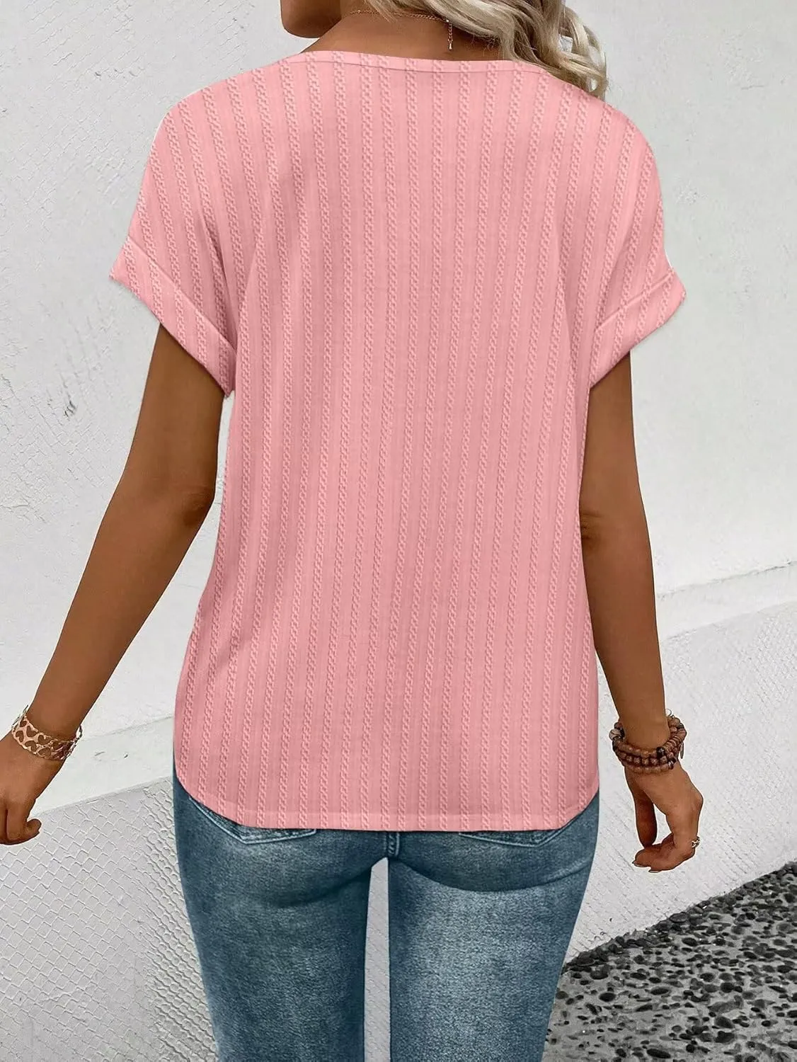KKJ Womens Tops V Neck Textured Short Sleeve T Shirts Loose Fit Casual Cute Top 2025 Spring Summer Outfits Trendy Clothes
