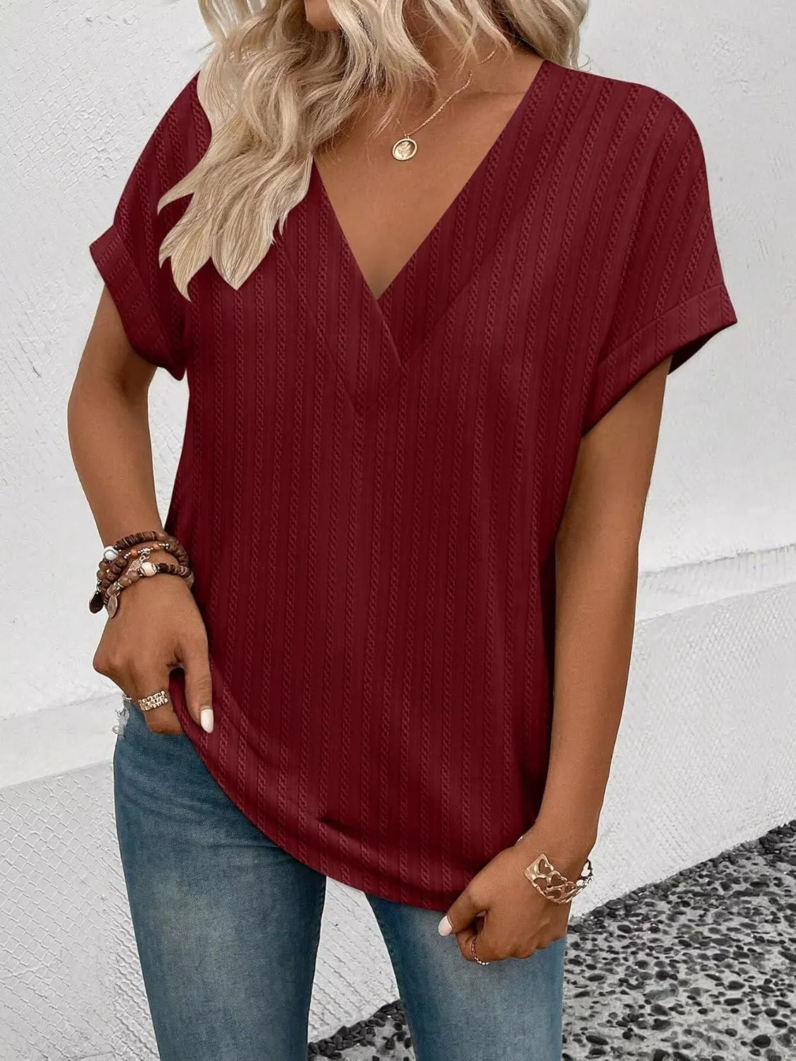 KKJ Womens Tops V Neck Textured Short Sleeve T Shirts Loose Fit Casual Cute Top 2025 Spring Summer Outfits Trendy Clothes