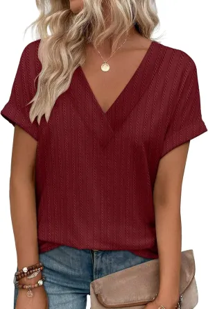 KKJ Womens Tops V Neck Textured Short Sleeve T Shirts Loose Fit Casual Cute Top 2025 Spring Summer Outfits Trendy Clothes