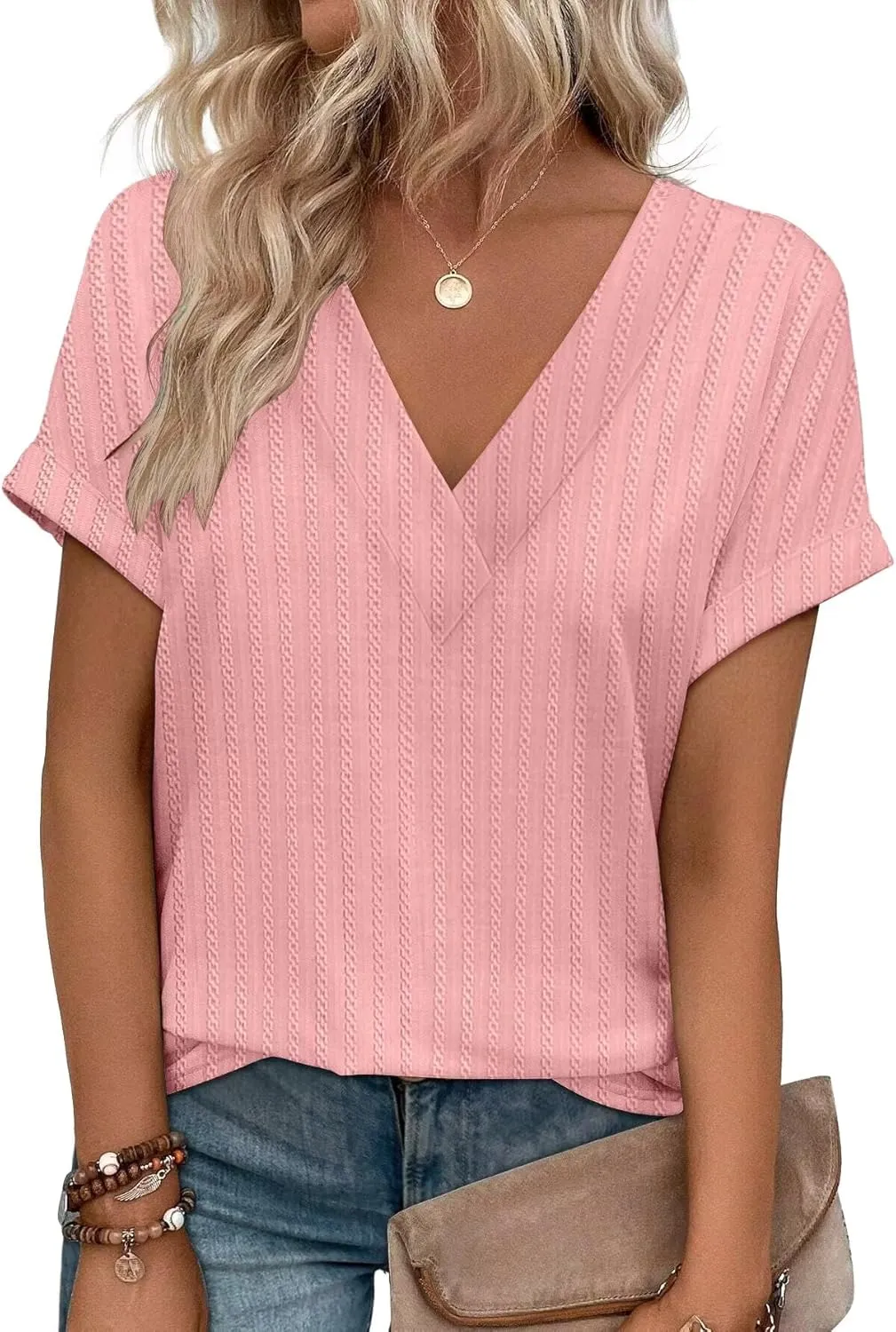 KKJ Womens Tops V Neck Textured Short Sleeve T Shirts Loose Fit Casual Cute Top 2025 Spring Summer Outfits Trendy Clothes