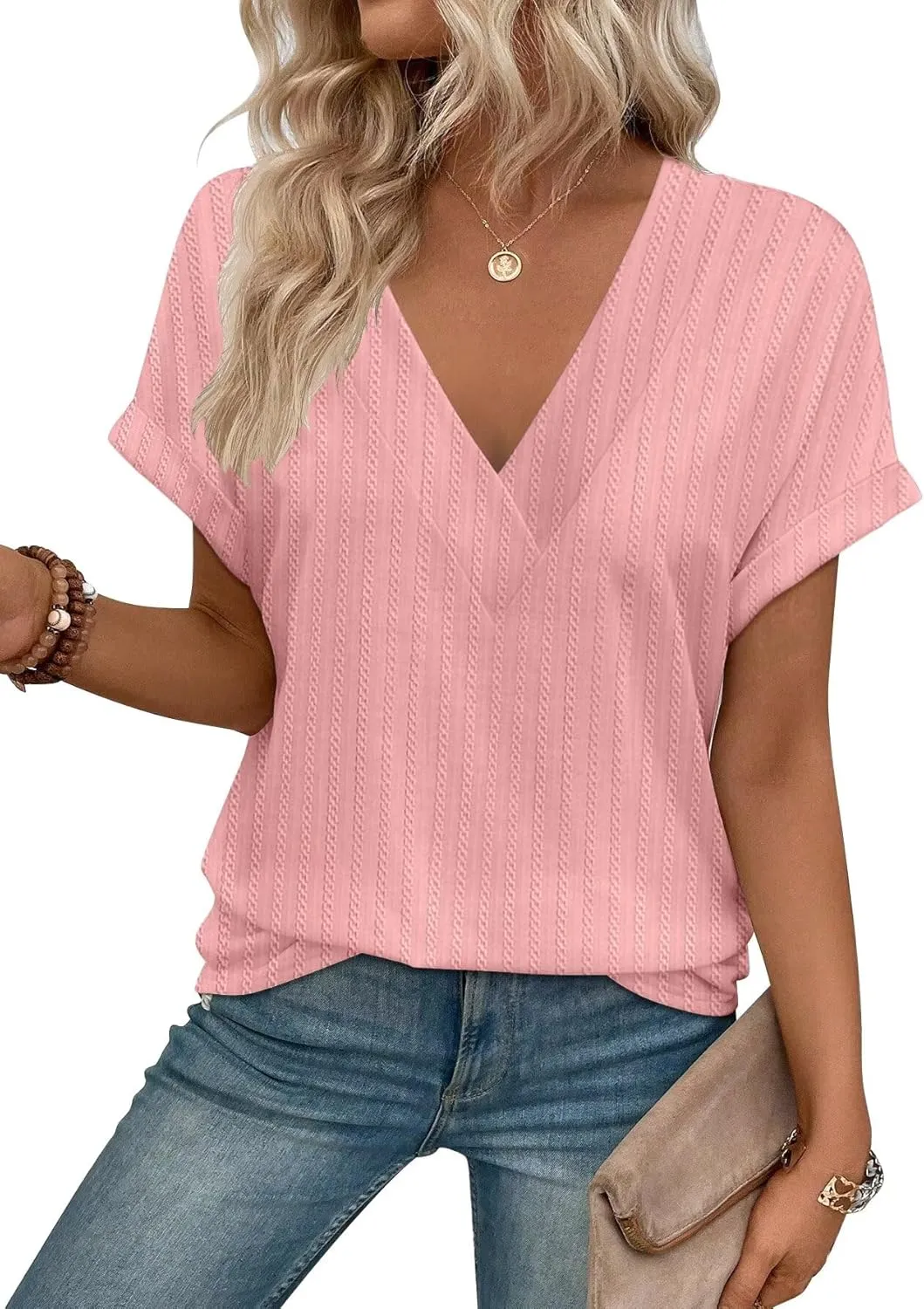 KKJ Womens Tops V Neck Textured Short Sleeve T Shirts Loose Fit Casual Cute Top 2025 Spring Summer Outfits Trendy Clothes