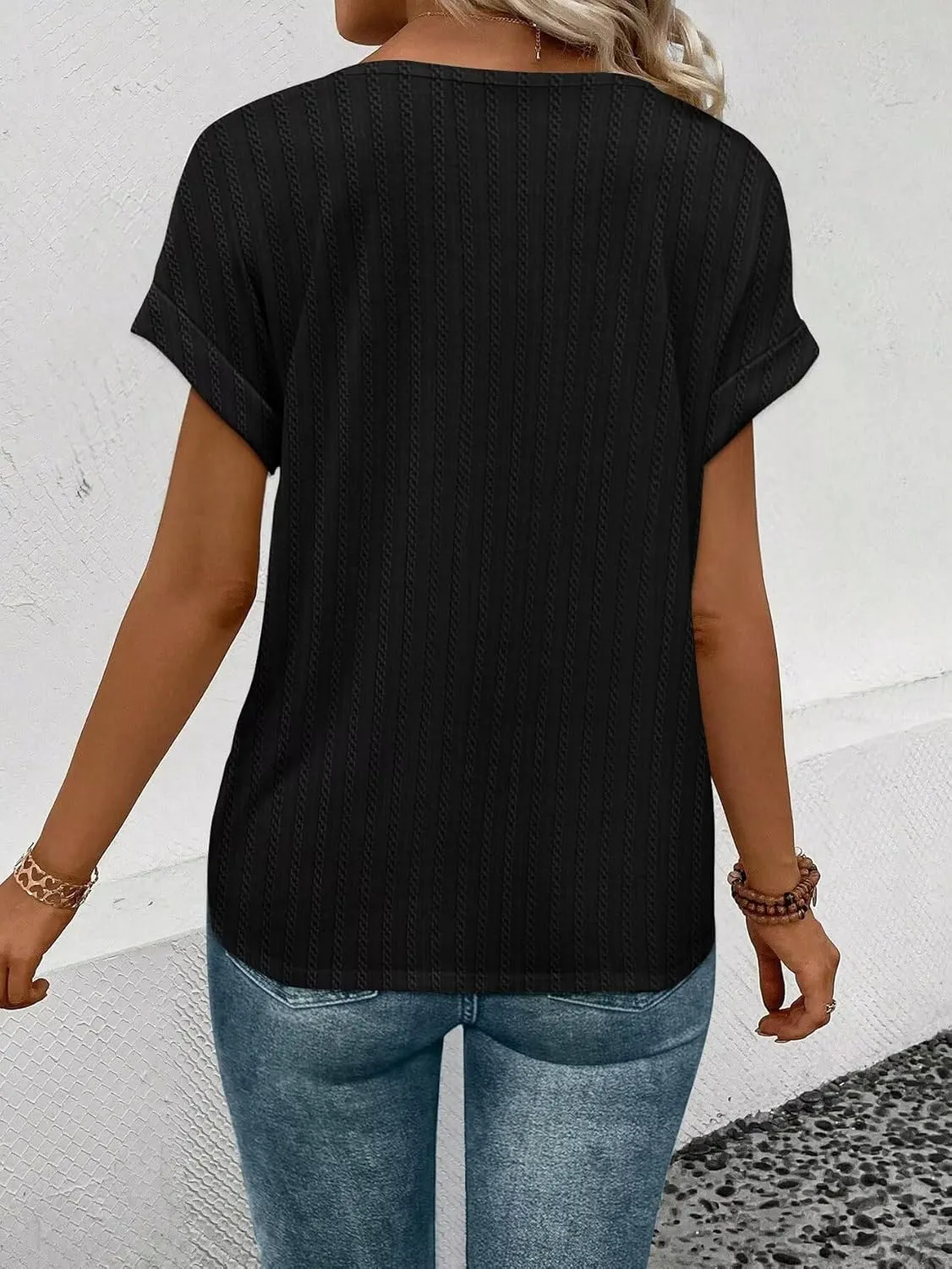 KKJ Womens Tops V Neck Textured Short Sleeve T Shirts Loose Fit Casual Cute Top 2025 Spring Summer Outfits Trendy Clothes