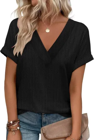 KKJ Womens Tops V Neck Textured Short Sleeve T Shirts Loose Fit Casual Cute Top 2025 Spring Summer Outfits Trendy Clothes