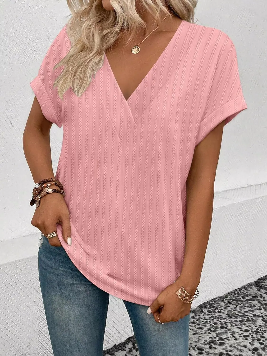 KKJ Womens Tops V Neck Textured Short Sleeve T Shirts Loose Fit Casual Cute Top 2025 Spring Summer Outfits Trendy Clothes