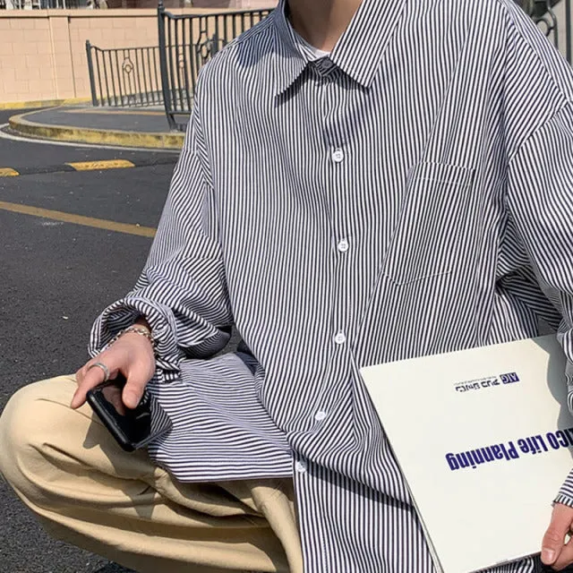 [Korean Style] Black/Blue Striped Casual Shirts