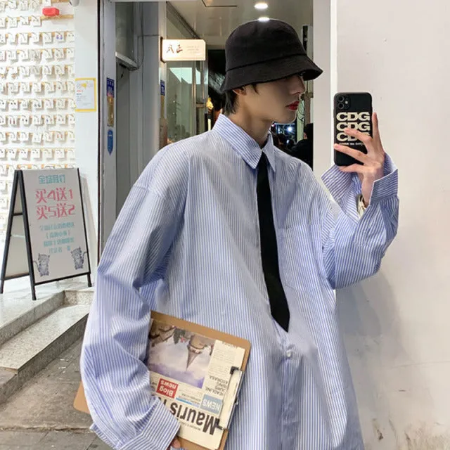 [Korean Style] Black/Blue Striped Casual Shirts