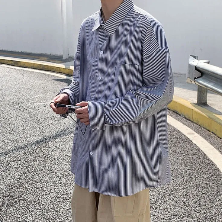[Korean Style] Black/Blue Striped Casual Shirts