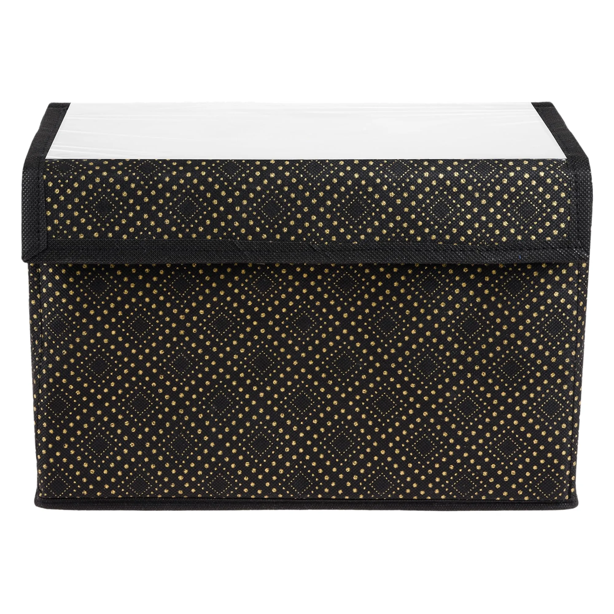 Kuber Industries Drawer Storage Box|Clothes Drawer Organizer with Handle|Transparent Lid with Velcro|Wardrobe Organizer for Books|Golden-Dot Dhakkan Storage Box|Medium|Black