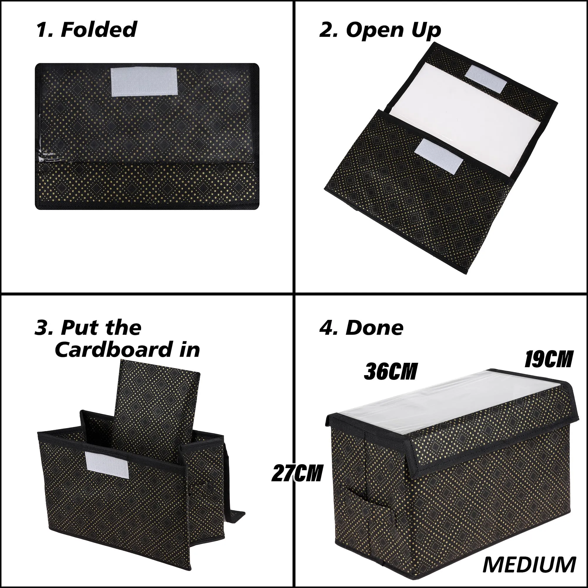 Kuber Industries Drawer Storage Box|Clothes Drawer Organizer with Handle|Transparent Lid with Velcro|Wardrobe Organizer for Books|Golden-Dot Dhakkan Storage Box|Medium|Black