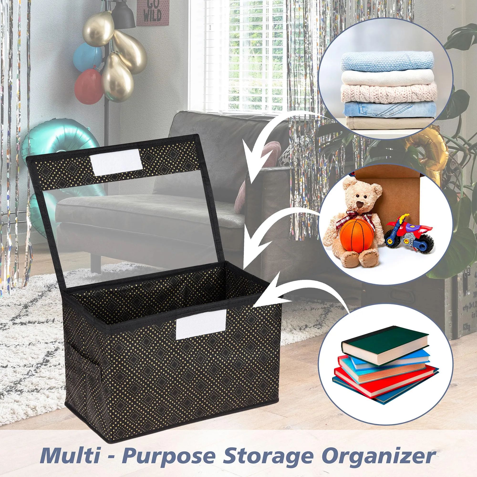 Kuber Industries Drawer Storage Box|Clothes Drawer Organizer with Handle|Transparent Lid with Velcro|Wardrobe Organizer for Books|Golden-Dot Dhakkan Storage Box|Medium|Black