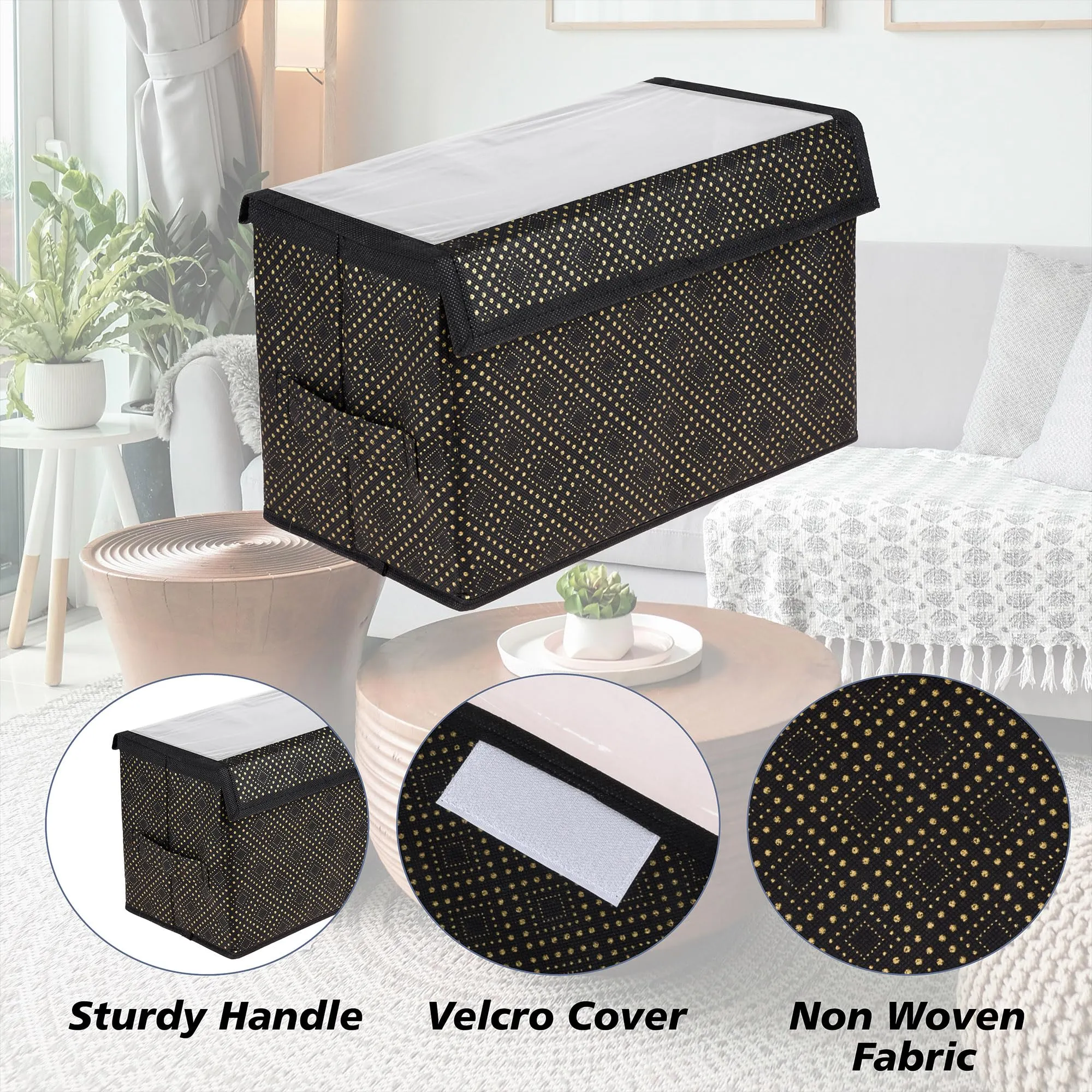 Kuber Industries Drawer Storage Box|Clothes Drawer Organizer with Handle|Transparent Lid with Velcro|Wardrobe Organizer for Books|Golden-Dot Dhakkan Storage Box|Medium|Black