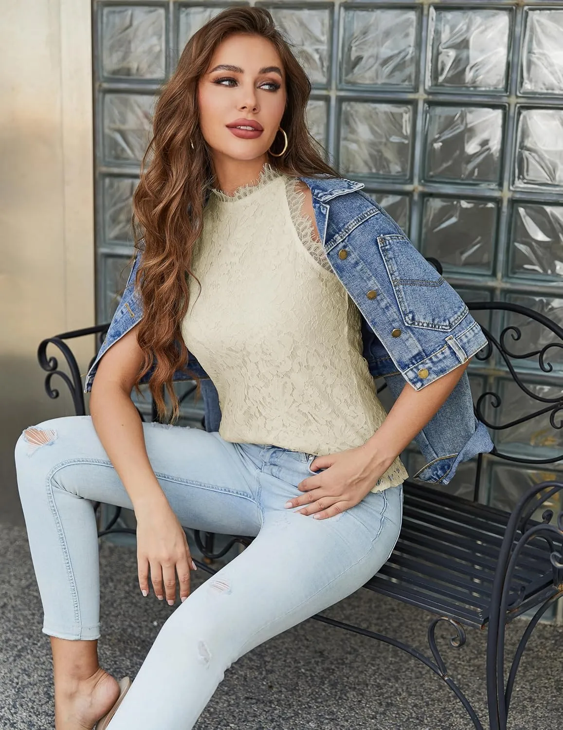 Lace Tank Tops for Women Loose Crochet Hollow Out Work Blouses Casual Basic Ladies Running T-Shirts