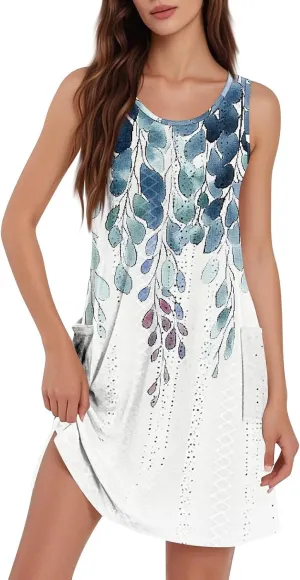 Ladies Dresses for Church Casual Summer Boho Beach Crewneck Loose Tank T-Shirts Sundress with Pockets