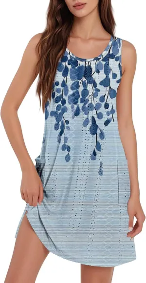 Ladies Dresses for Church Casual Summer Boho Beach Crewneck Loose Tank T-Shirts Sundress with Pockets