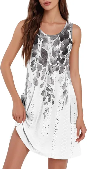 Ladies Dresses for Church Casual Summer Boho Beach Crewneck Loose Tank T-Shirts Sundress with Pockets