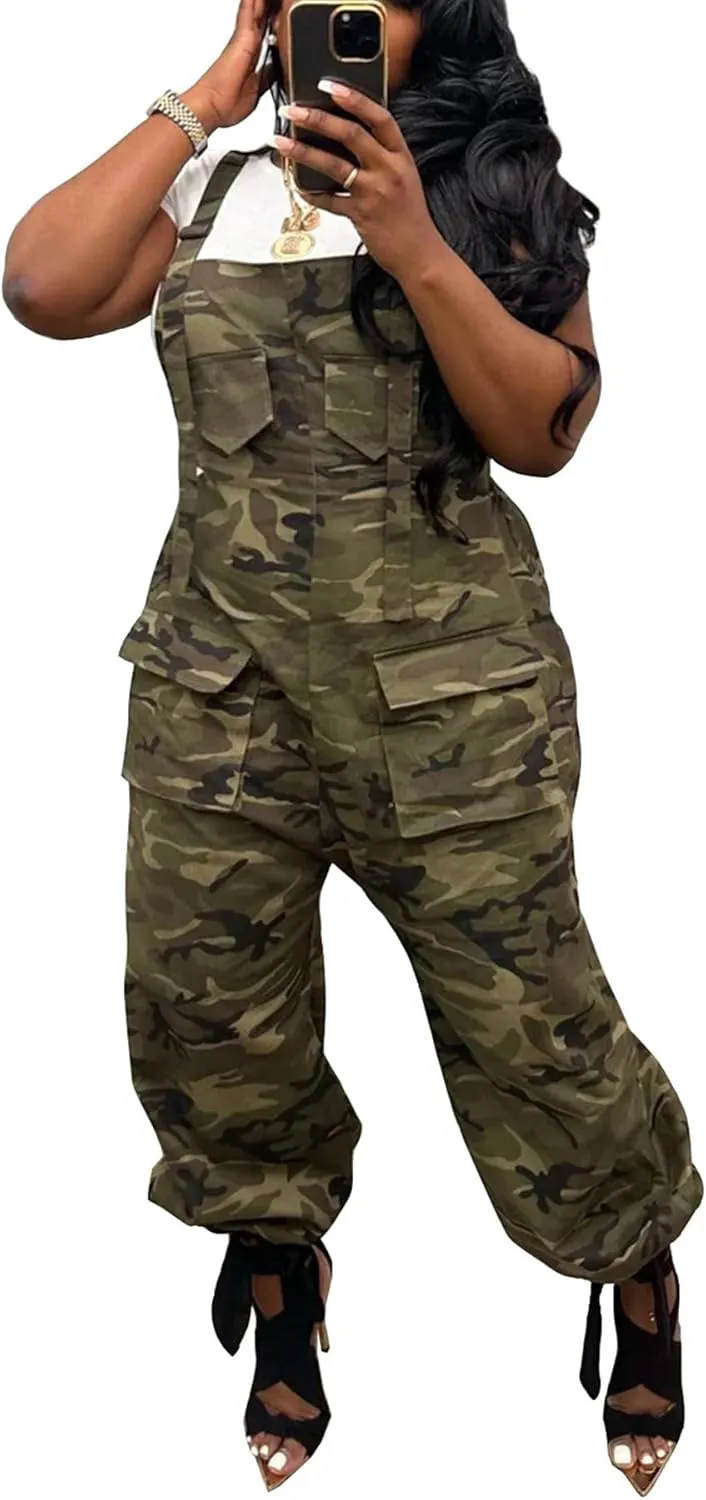 LETSVDO Women's Casual Camo Jumpsuit Cargo Demin Plus Size Camouflage Sleeveless Wide Leg Baggy Bib Jean Overalls Romper