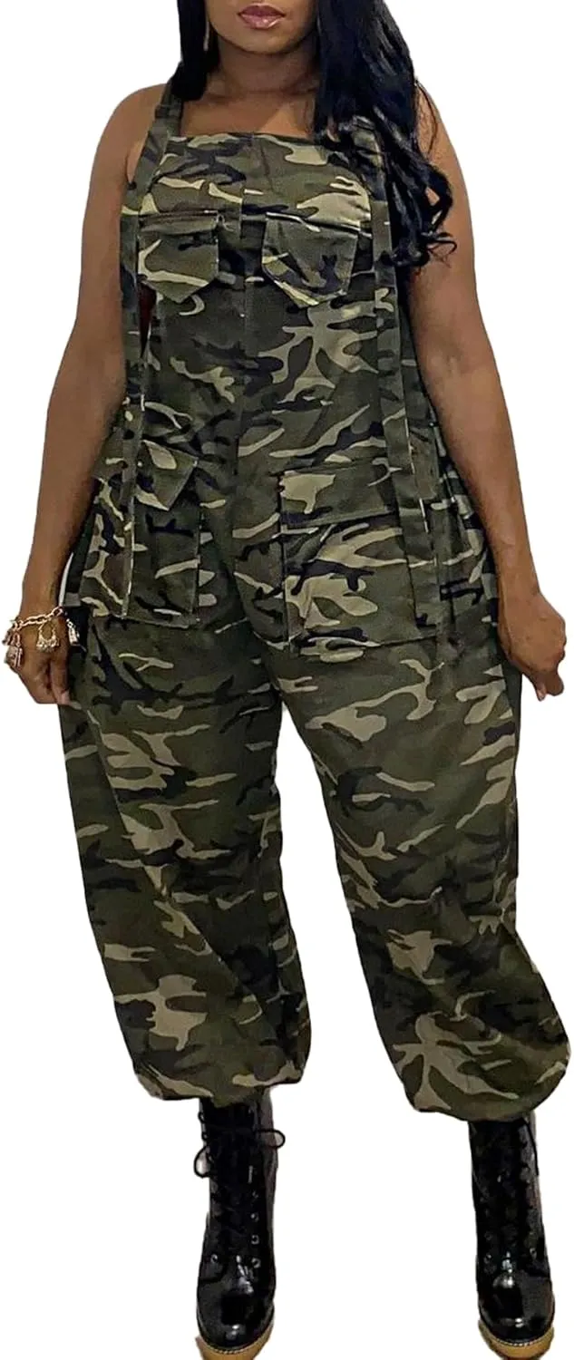 LETSVDO Women's Casual Camo Jumpsuit Cargo Demin Plus Size Camouflage Sleeveless Wide Leg Baggy Bib Jean Overalls Romper