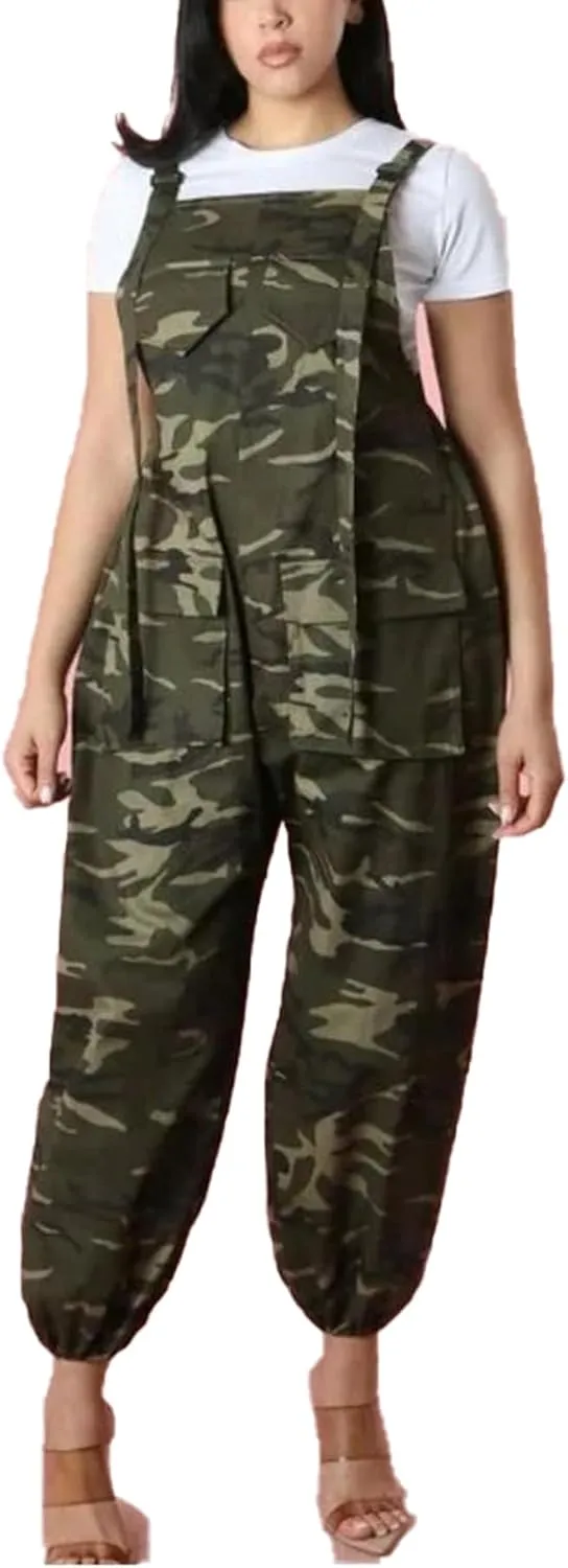 LETSVDO Women's Casual Camo Jumpsuit Cargo Demin Plus Size Camouflage Sleeveless Wide Leg Baggy Bib Jean Overalls Romper