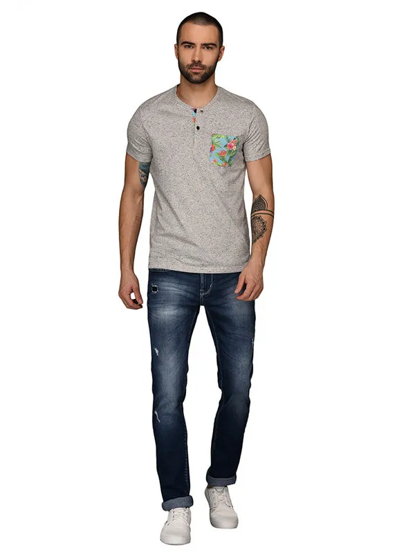 Light Grey Slim Fit Henley T-Shirt | JadeBlue