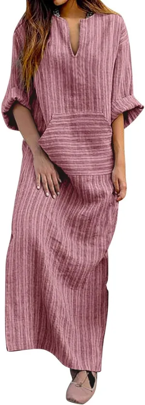 Linen Dresses for Women Loose Casual Plus Size Long Sleeve Printed Maxi Dresses Ankle Length Dresses with Pockets