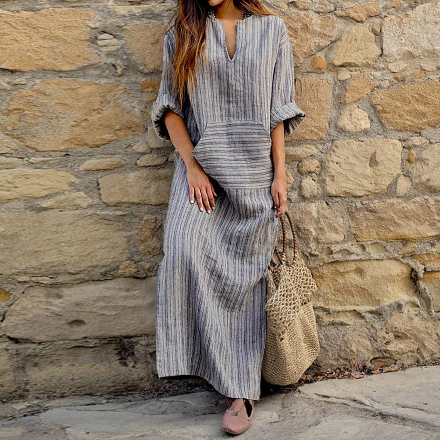 Linen Dresses for Women Loose Casual Plus Size Long Sleeve Printed Maxi Dresses Ankle Length Dresses with Pockets