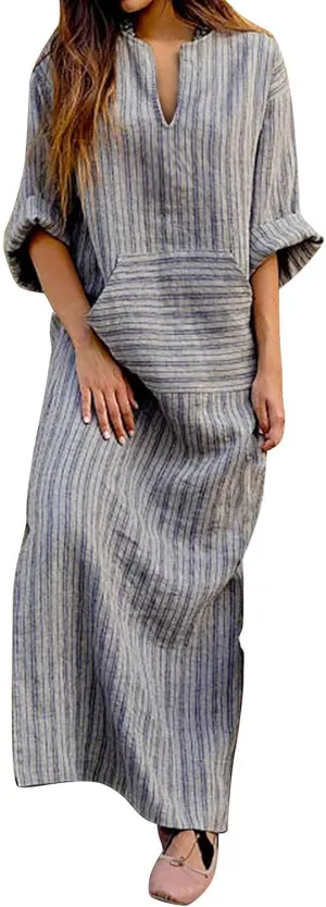Linen Dresses for Women Loose Casual Plus Size Long Sleeve Printed Maxi Dresses Ankle Length Dresses with Pockets