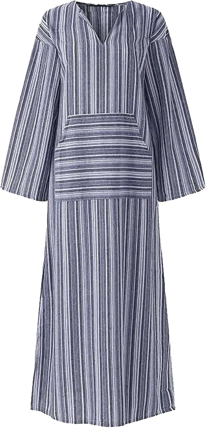 Linen Dresses for Women Loose Casual Plus Size Long Sleeve Printed Maxi Dresses Ankle Length Dresses with Pockets