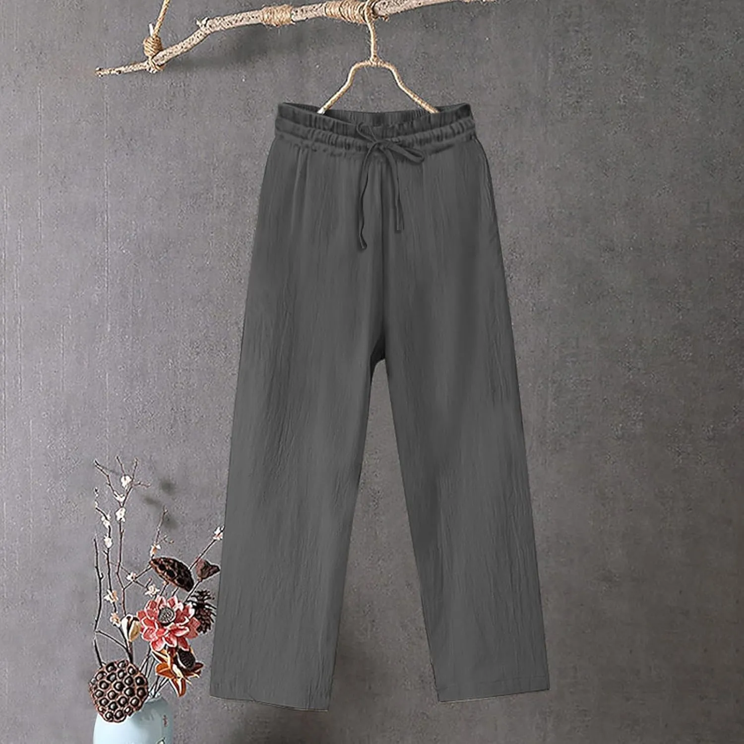 Linen Pants for Women Baggy 2025 Plus Size Straight Leg Pants Wide Leg Solid Palazzo Trousers Beach Travel Outfits