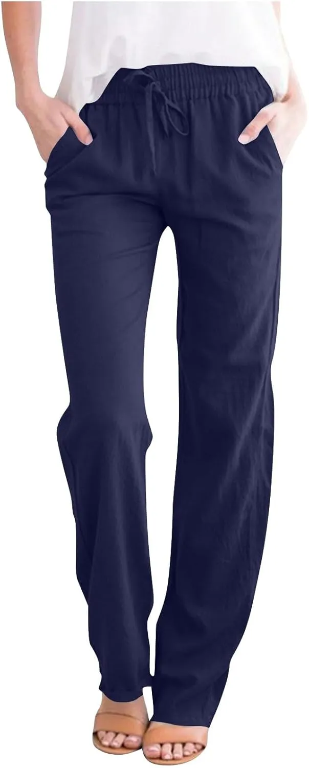 Linen Pants for Women Summer Casual Elastic Drawstring Waist Lightweight Pants Solid Wide Leg Trousers with Pockets