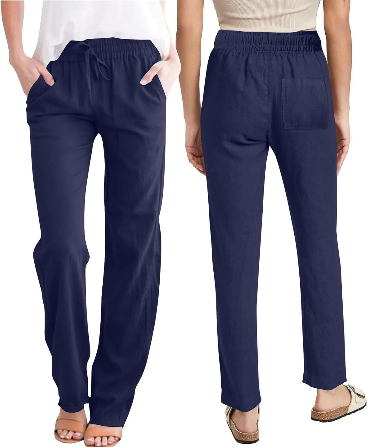 Linen Pants for Women Summer Casual Elastic Drawstring Waist Lightweight Pants Solid Wide Leg Trousers with Pockets