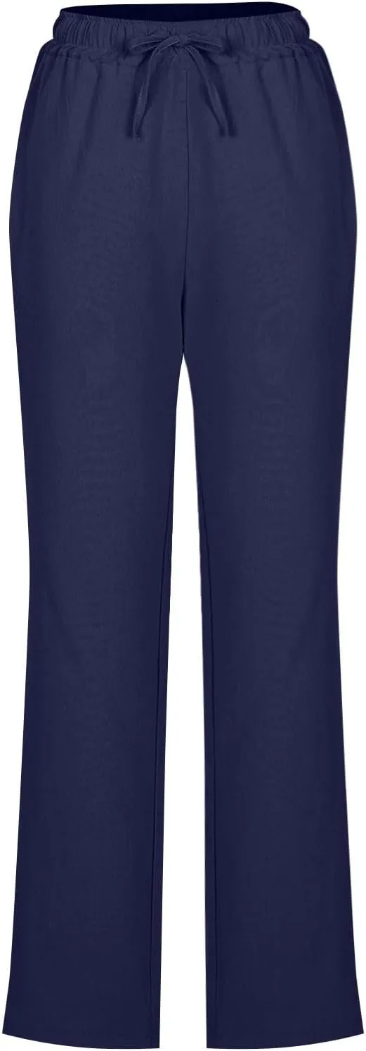 Linen Pants for Women Summer Casual Elastic Drawstring Waist Lightweight Pants Solid Wide Leg Trousers with Pockets
