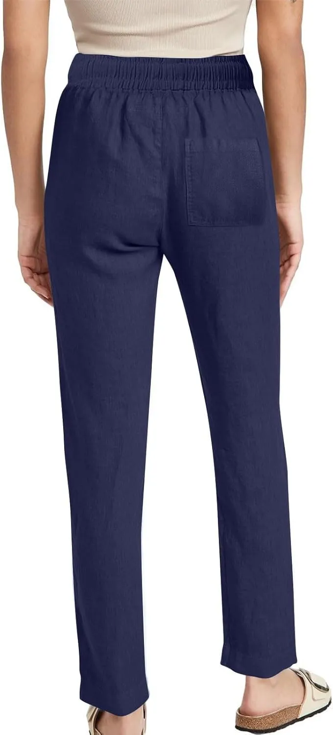 Linen Pants for Women Summer Casual Elastic Drawstring Waist Lightweight Pants Solid Wide Leg Trousers with Pockets