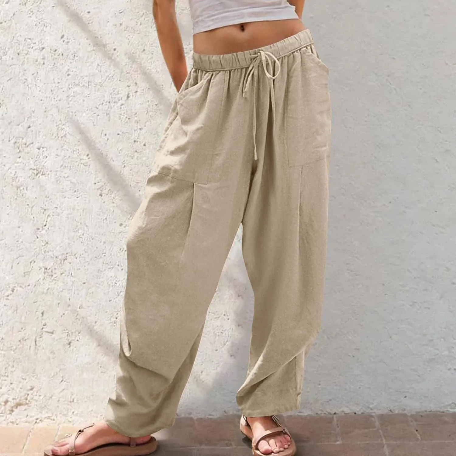 Linen Pants Women Casual Loose Elastic Waist Trousers Summer Lightweight Wide Leg Palazzo Pant Summer Outfits 2025
