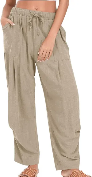 Linen Pants Women Casual Loose Elastic Waist Trousers Summer Lightweight Wide Leg Palazzo Pant Summer Outfits 2025