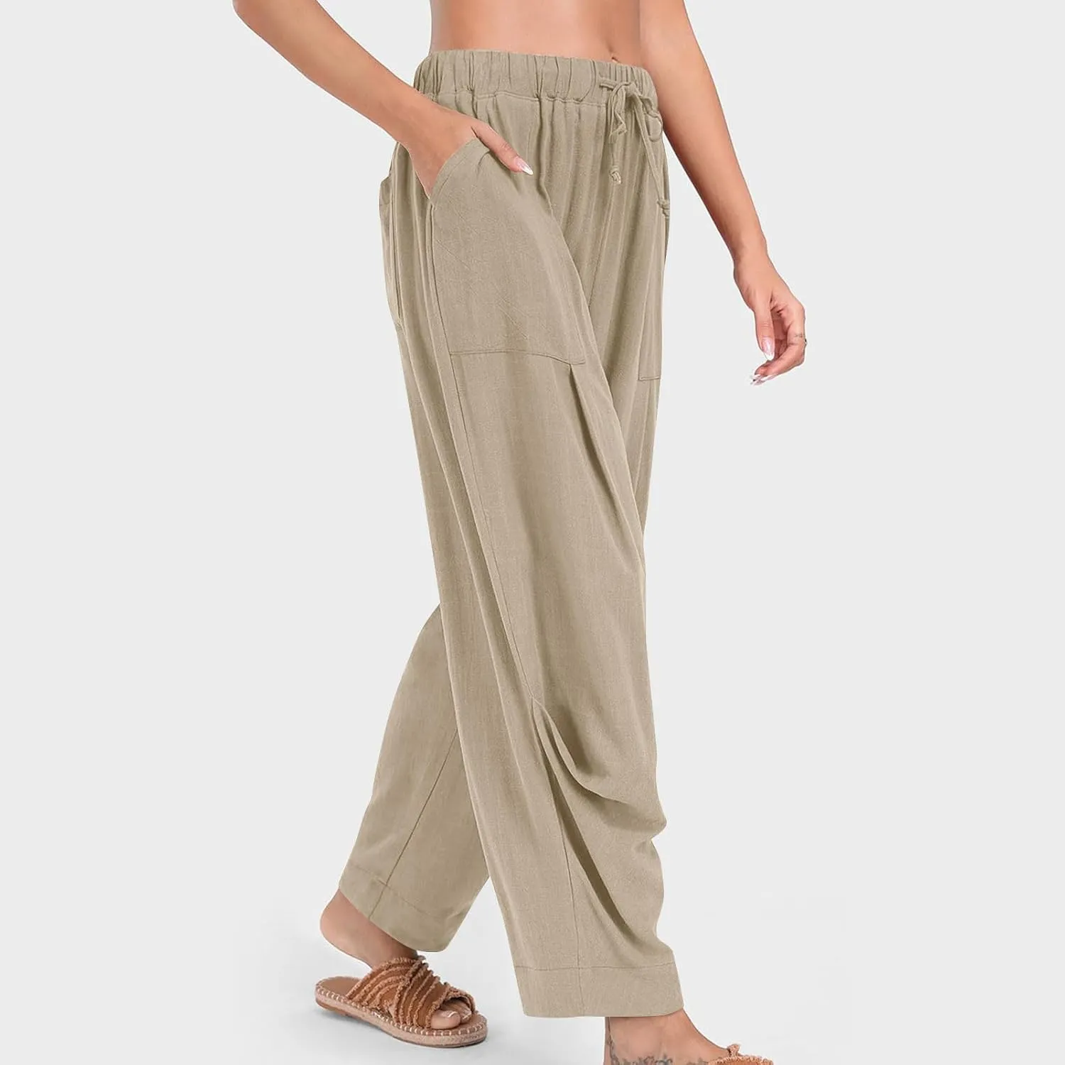 Linen Pants Women Casual Loose Elastic Waist Trousers Summer Lightweight Wide Leg Palazzo Pant Summer Outfits 2025