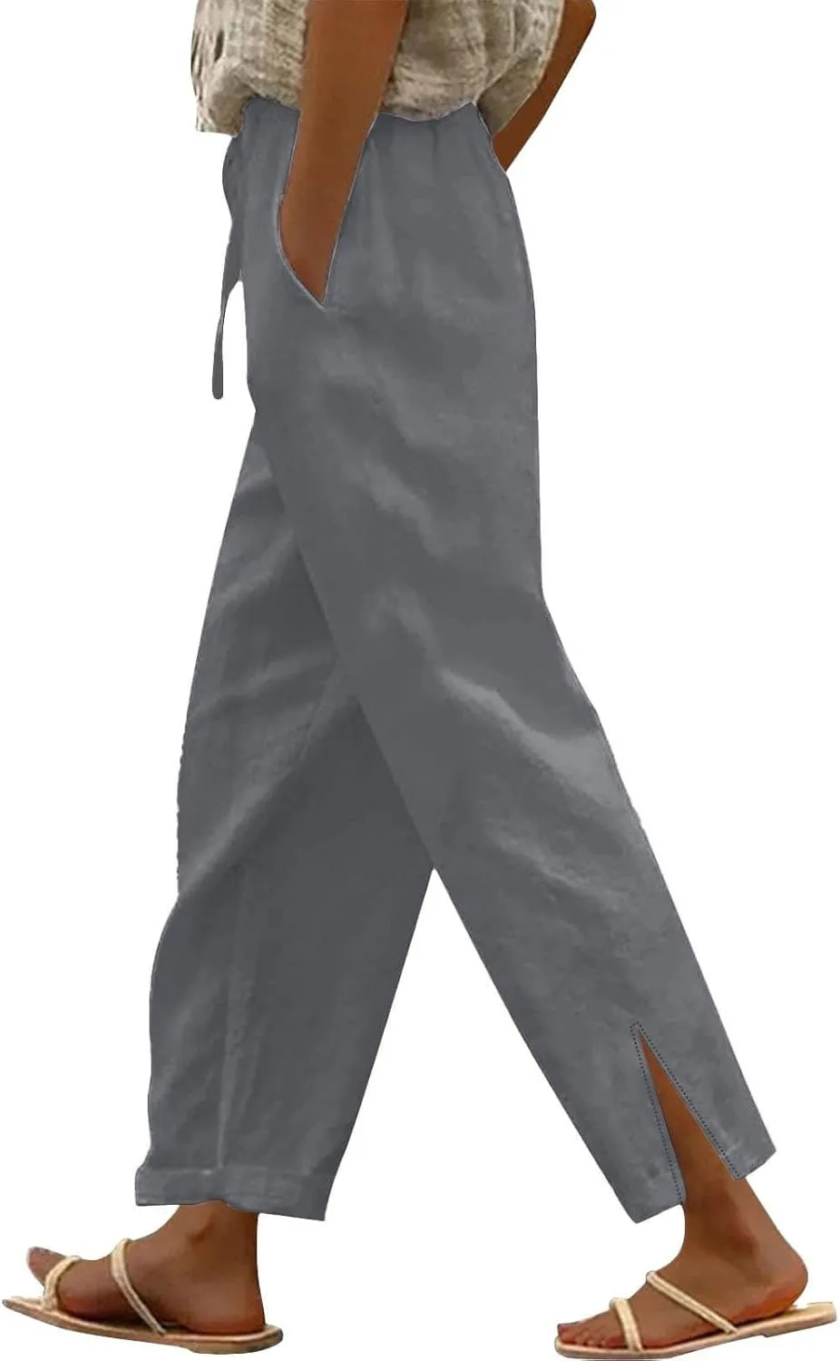 Linen Pants Women Lightweight 2025 Elastic Waist Split Hem Bootcut Pant Loose Fit Solid Color Trousers with Pockets