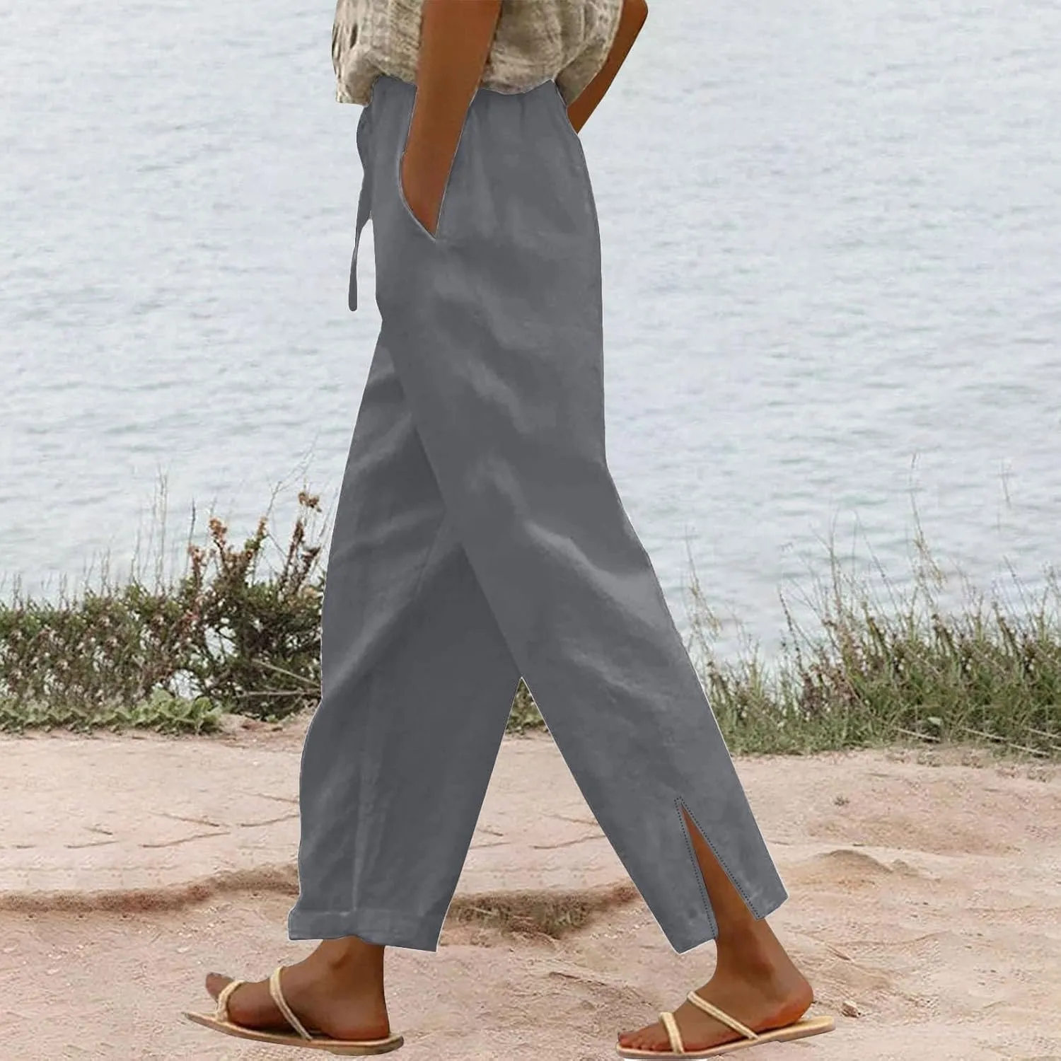 Linen Pants Women Lightweight 2025 Elastic Waist Split Hem Bootcut Pant Loose Fit Solid Color Trousers with Pockets