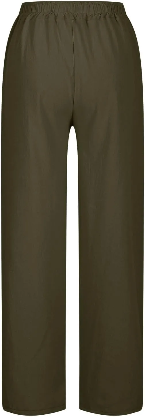 Linen Pants Women Lightweight 2025 Elastic Waist Split Hem Bootcut Pant Loose Fit Solid Color Trousers with Pockets