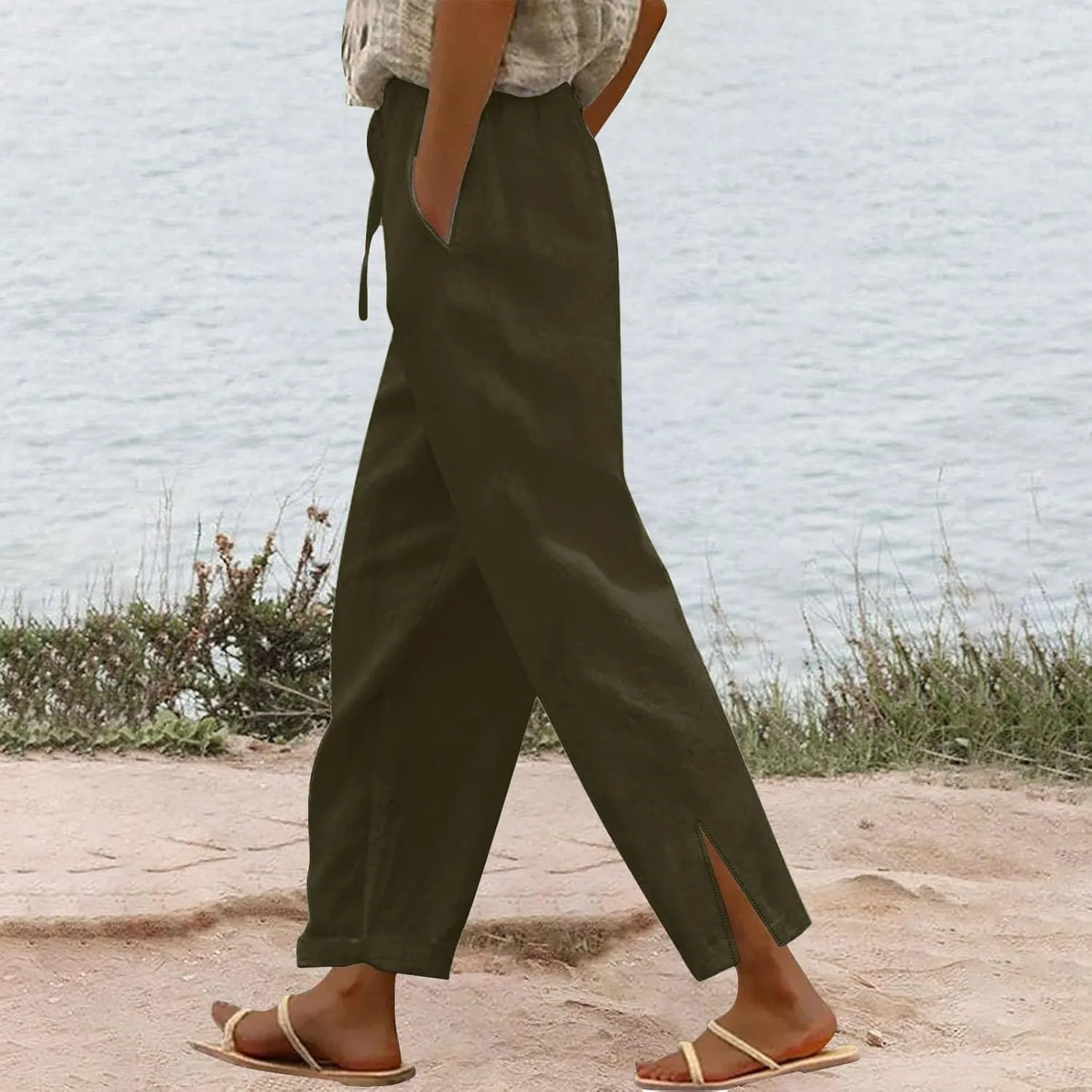 Linen Pants Women Lightweight 2025 Elastic Waist Split Hem Bootcut Pant Loose Fit Solid Color Trousers with Pockets